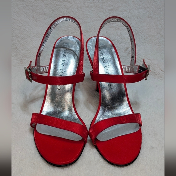 Charles Jourdan Paris Scarlet Red Satin Heels Rhinestone Square Buckle Womens 10 - Picture 5 of 12